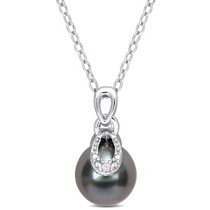 EVERLY JEWELRY | Sterling Silver 0.01 CT TW Diamond 8 - 9 MM Black Tahitian Cultured Pearl Fashion Pendant With Chain, 18-inch - 1 of 4