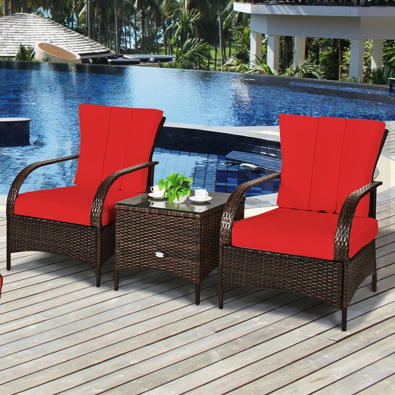 Costway 3 PCS Patio Rattan Furniture Set Coffee Table & 2 Rattan Chair W/Red Cushions, 5 of 11