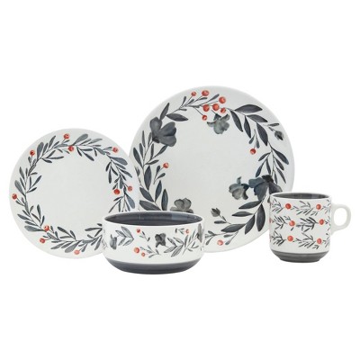 Baum Bros. 16pc Stoneware Berry Wreath Dinnerware Set: Botanical Pattern, Multicolor, Service for 4, Dishwasher-Safe