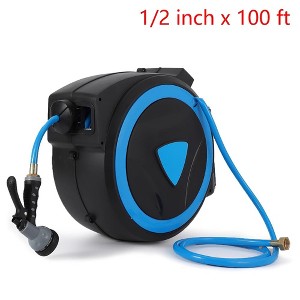 Retractable Garden Hose Reel 1/2 inch x 100 ft Wall Mount With 9-Pattern Nozzle - 1 of 4