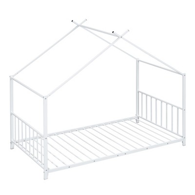 ZHUTA Twin House Bed for Kids,Metal Twin Montessori Bed with Roof, Twin Size Platform Bed Frame with Headboard & Footboard for Girls, Boys,White