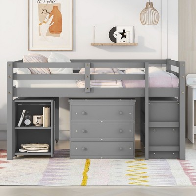 NicBex Full Size Bunk Bed with Movable Desk Loft Bed Pine Bed Frame with Storage Cabinet, Shelf, Ladder and Guardrail, No Box Spring Required