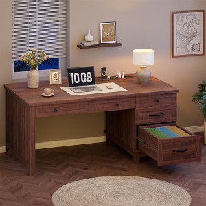 Executive Desk with Drawers, Farmhouse Home Office Desk with Charging Station, 53.54 in Wooden Computer Desk with File Cabinet Storage - 1 of 4
