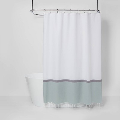 green and white shower curtain