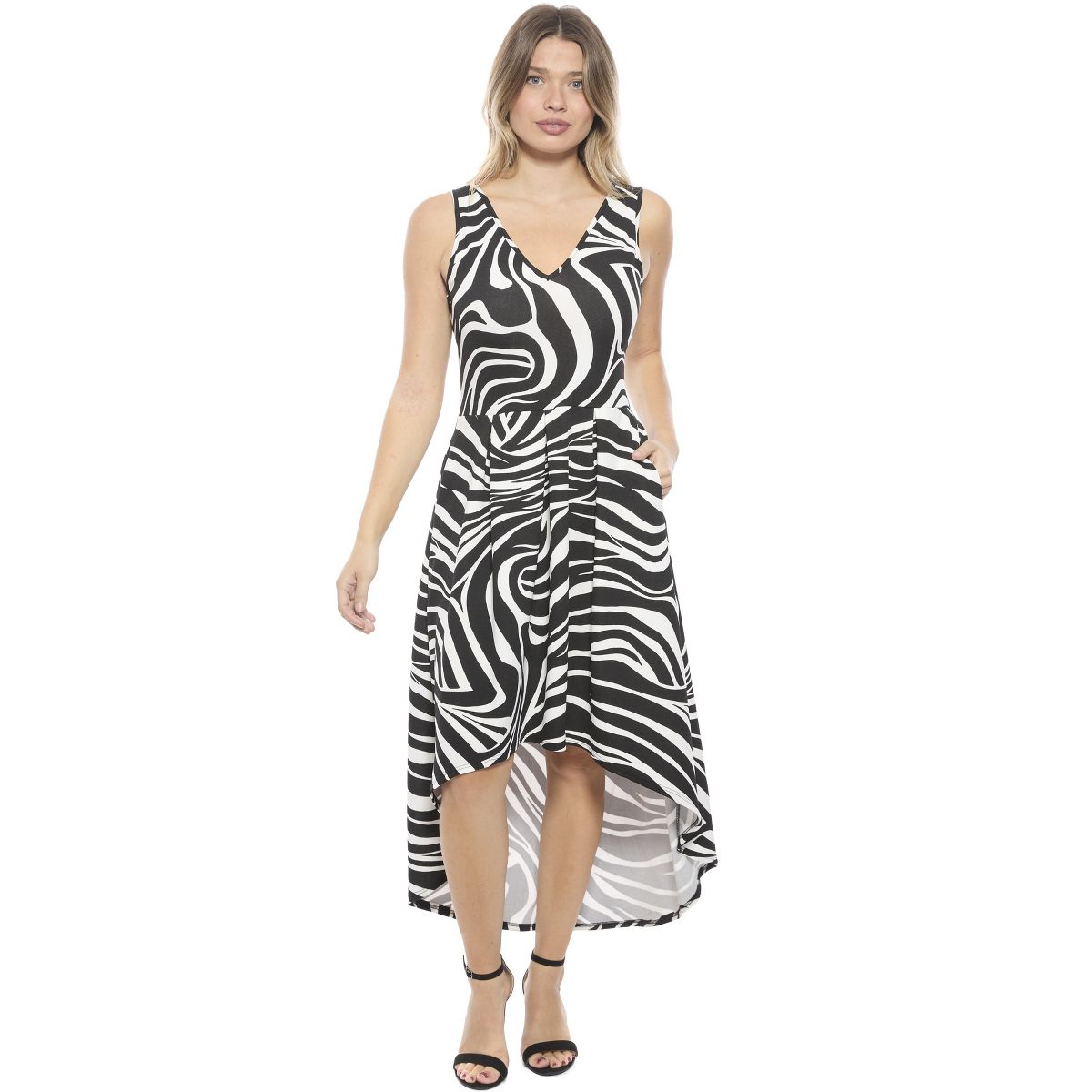 Womens Zebra Sleeveless Fit N Flare High Low Pocket Midi Dress - 24seven Comfort Apparel™