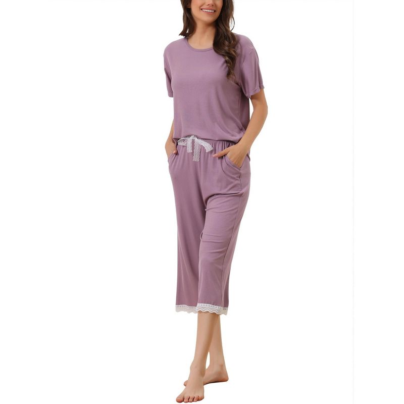 cheibear Women's Modal Loose Summer Lace Trim Short Sleeve Carpri Pajama Set, 1 of 7