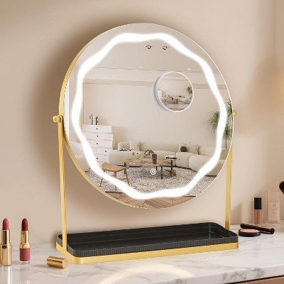 Garvee 19" Vanity Mirror with Smart Touch, 3-Color Dimmable, 360° Rotation, Storage Base, Removable 10X Magnifier, Round Gold Makeup Mirror