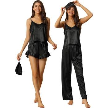 cheibear Women's Satin Cami Shorts and Long Pants Sleepwear with Sleep Mask and Storage Bag Pajamas Sets 5 Pcs