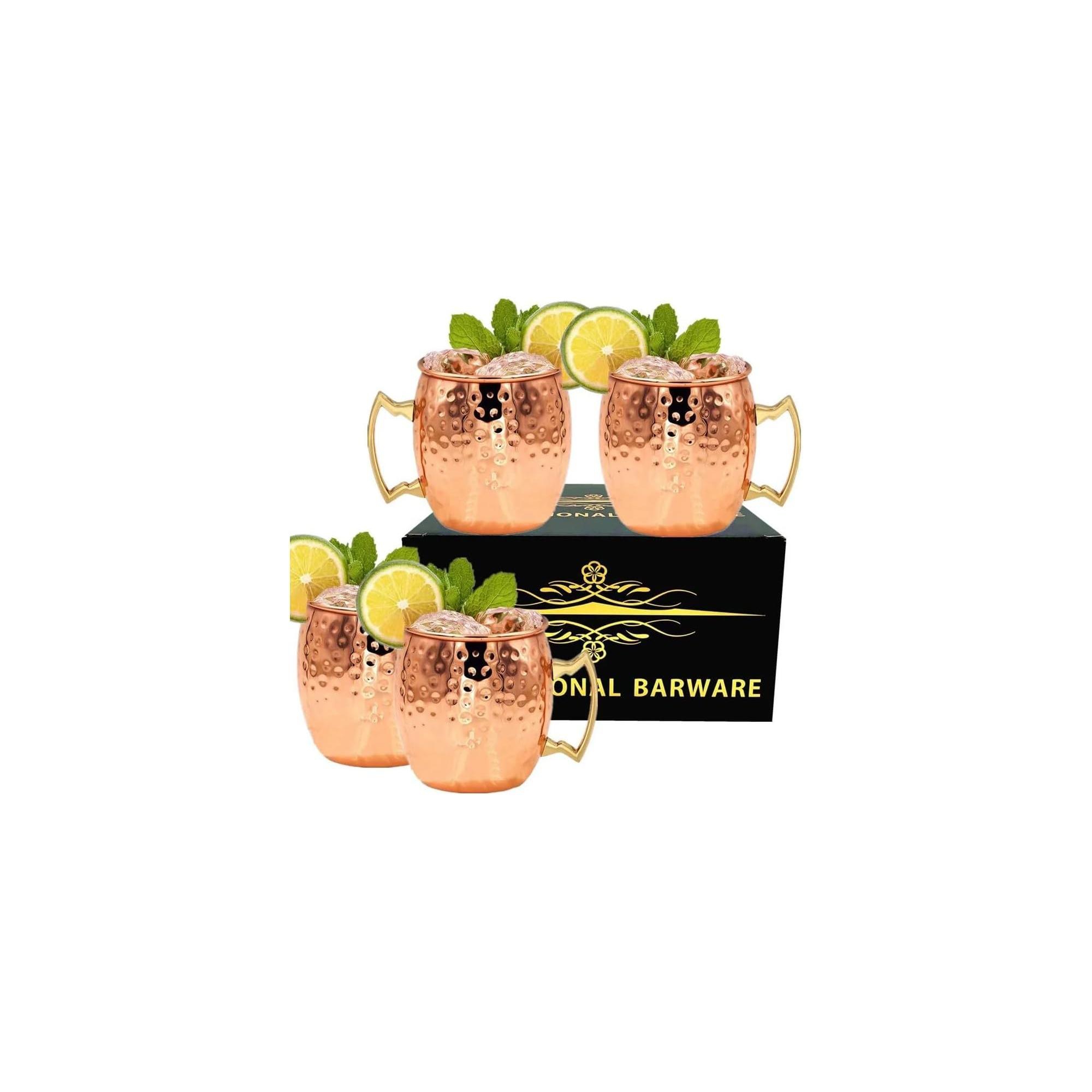J&V TEXTILES Moscow Mule Mugs, 16 oz Copper Plated, Stainless Steel Lined, Set of 4, Gold Brass Handles
