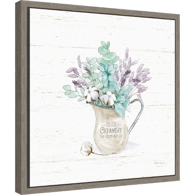 Farmhouse Lavender and Cotton Bouquet Canvas Print in Gray Frame