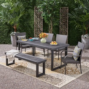 Nestor 6pc Wood and Wicker Chair and Bench Dining Set: Weather-Resistant, Galvanized Steel - Christopher Knight Home - 1 of 4