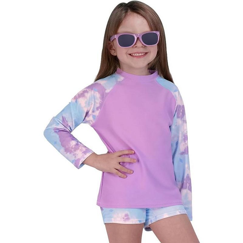 Girls Swim Set with Long Sleeve Rash Guard, Swim Shorts, and Sunglasses,  Kids Ages 3T-8 (Purple - Tie Dye), 2 of 3