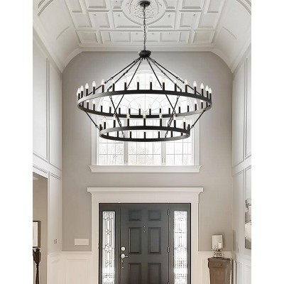 DORESshop 60 in. 54-Light Extra Large Black Wagon Wheel Chandelier, 2-Tier for Dining Room Living Room