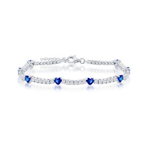 Bella Silver Sterling Silver Heart and CZ Tennis Bracelet - Sapphire CZ - Blue - 7+1 Inch - 1 of 3