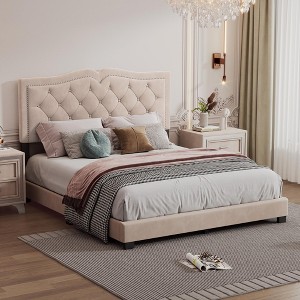 KTMBDW Platform Bed Frame with Tufted Upholstered Headboard and Rivet Design, Wooden Slats Support, No Box Spring Needed - 1 of 4