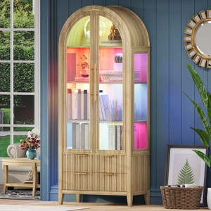 Fredees 70.9" Freestanding Arched Glass Display Cabinet with Color LED Motion Light, Tempered Doors, Storage Drawers for Home or Office - 1 of 4