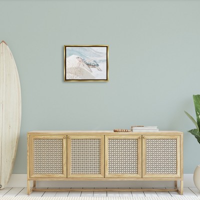 Pleasant Sea Turtle Drifting Ocean Waves Gold Framed Canvas Print
