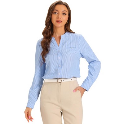 Allegra K Women's V Neck Striped Button Down Long Sleeve Business Casual Blouse