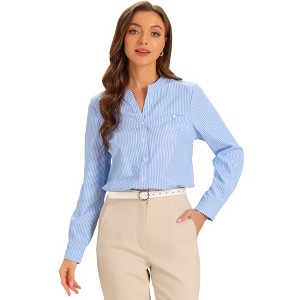 Allegra K Women's V Neck Striped Button Down Long Sleeve Business Casual Blouse - 1 of 4