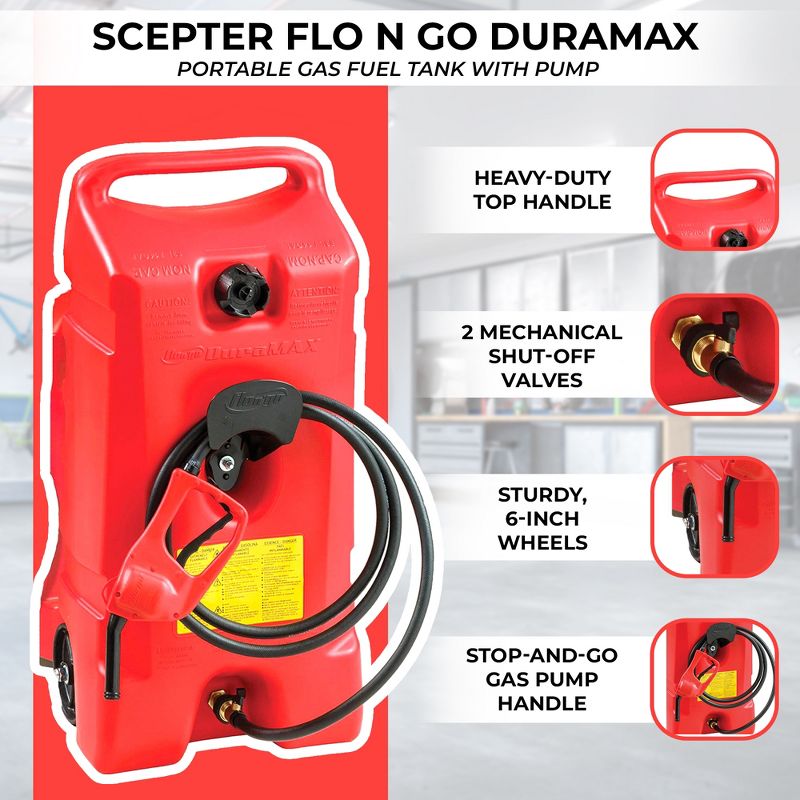 Scepter Flo N Go DuraMax 14 Gallon Portable On-Wheels Gas Fuel Tank Containers with LE Fluid Transfer Siphon Pump and 10-Foot Long Hose (2 Pack), 2 of 7