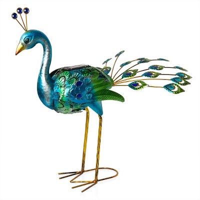 Alpine Corporation LED Solar Garden Peacock: Outdoor Decor with Gem Accents, Iron Build, 19" Height