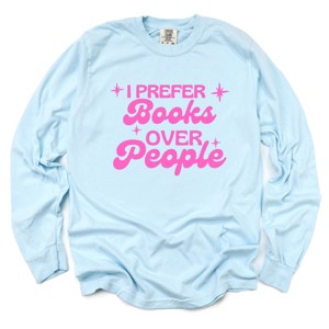 I Prefer Books Over People Stars - Women's Garment Dyed Long Sleeve Graphic T-Shirt - 1 of 4