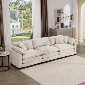 3-Seater Corduroy Mid-Century Modern Sofa with 2 Arm Pillows and 3 Throw Pillows for Living Room - 1 of 4