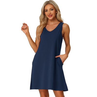 cheibear Women's V-Neck Sleeveless Pajamas Tank Dress with Pockets Nightgowns