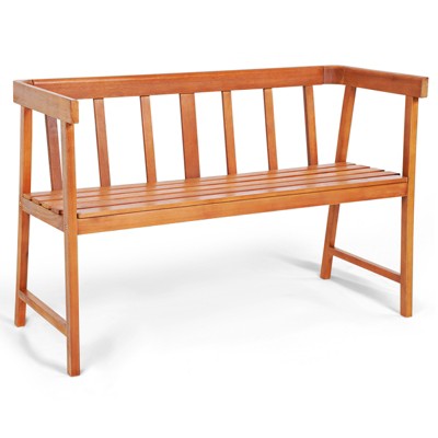 Tangkula 2-Person Outdoor Bench, Patio Wooden Bench with Ergonomic Backrest & Armrests, All-weather Eucalyptus Wood Frame 43" x 18"