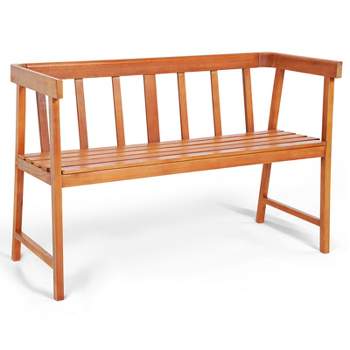 Tangkula 2-Person Outdoor Bench, Patio Wooden Bench with Ergonomic Backrest & Armrests, All-weather Acacia Wood Frame 43" x 18"
