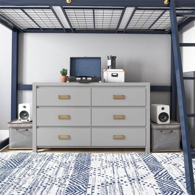 Dove Gray 6-Drawer Campaign Style Dresser with Gold Pulls