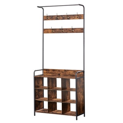 3-in-1 Entryway Coat Rack Metal & Wood Coat And Shoe Rack, Entryway Bench Storage Organizer With 7 Hooks