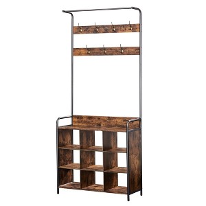 3-in-1 Entryway Coat Rack Metal & Wood Coat And Shoe Rack, Entryway Bench Storage Organizer With 7 Hooks - 1 of 4