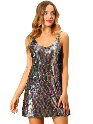 Allegra K Women's Glitter Sequin Spaghetti Strap V Neck Party Cocktail Sparkly Mini Dress
