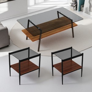 3-Piece Gray Glass Coffee Table Set with Iron Legs - 1 of 4