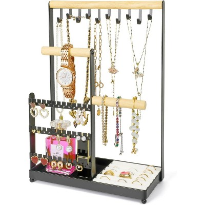 Jewelry Display Rack with 36 Holes Earring Holder, 10 Hooks Necklace Organizer, Velvet Ring Holder Dish