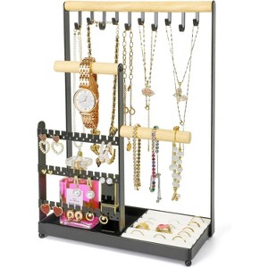 Jewelry Display Rack with 36 Holes Earring Holder, 10 Hooks Necklace Organizer, Velvet Ring Holder Dish - 1 of 4