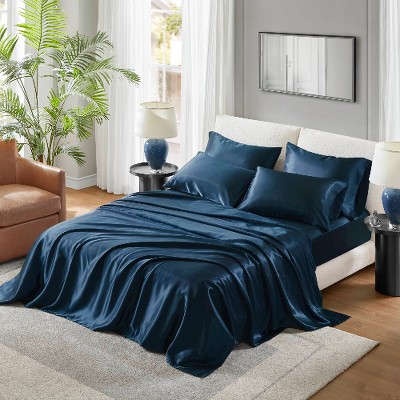 Lyngins Satin Luxury Bed Sheets Set, Wrinkle-Free Split King Bedding Set, 1 Flat Sheet, 2 Fitted Sheets (Fits 16" Mattresses), 4 Pillowcases