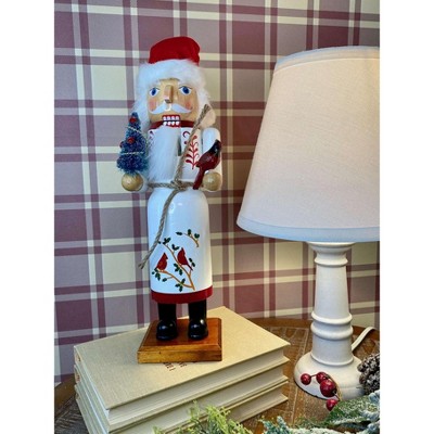 14" White and Red Wooden Cardinal Claus Nutcracker