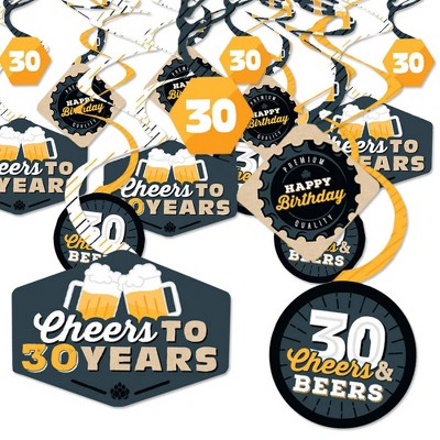 Big Dot of Happiness Cheers and Beers to 30 Years - 30th Birthday Party Hanging Decor - Party Decoration Swirls - Set of 40