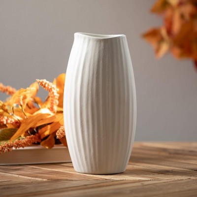 Seashell Textured Matte White Ceramic Vase, 9" Tall