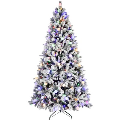 JUJABU 8FT Snow-Flocked Christmas Tree with 470 Colorful G45 Bulbs, 10 Light Modes & Metal Stand