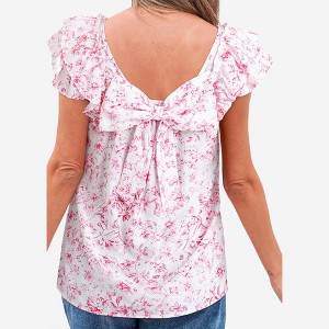 Amaryllis Women’s Ruffle Sleeve Back Bow Textured Woven Top Square Neckline Feminine Fit Soft Lightweight Blouse - 1 of 4