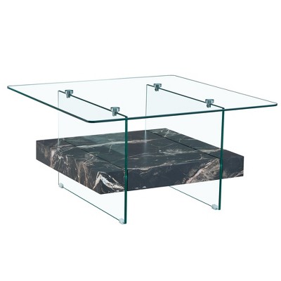 FURNIinspire Coffee Table 2 Tier Square Coffee Table with Clear Glass Black Marble Pattern Sticker for Living Room, Black, 31.4"*31.4"*16.6"