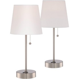360 Lighting Justin 18" High Small Modern Accent Table Lamps Set of 2 USB Port Pull Chain Silver Finish Metal White Shade Living Room Charging Bedroom - 1 of 4
