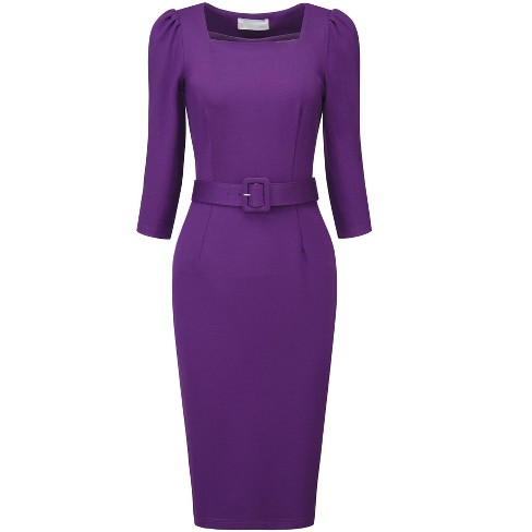 Hobemty Women's Vintage Square Neck Puff Sleeve Belted Pencil Dresses ...