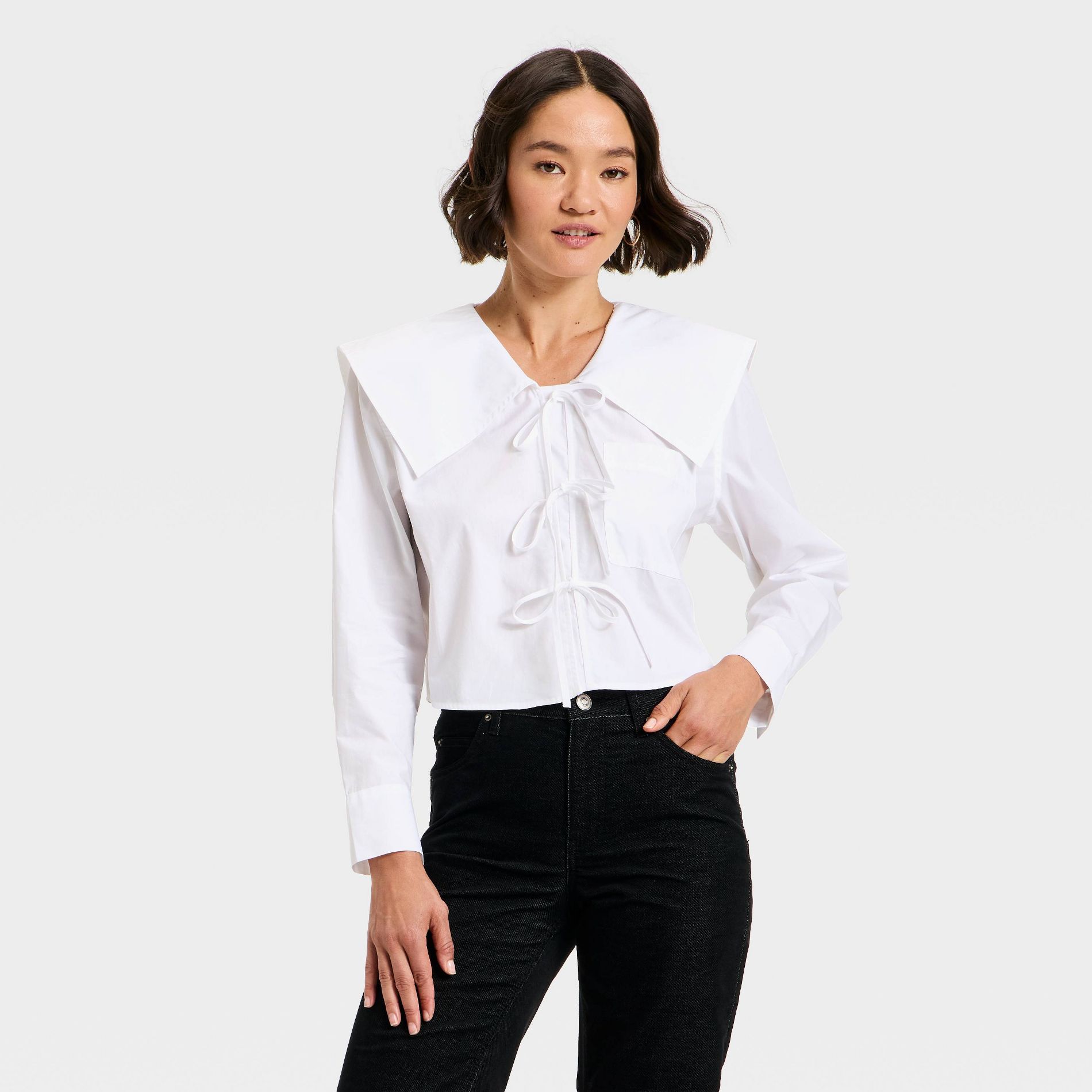 Women's Long Sleeve Relaxed V-Neck Tie-Front Blouse - Future Collective White