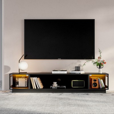 FUFU&GAGA Modern Black TV Stand with Tempered Glass Doors & RGB LED Lighting - 78.7''W Media Console with Storage