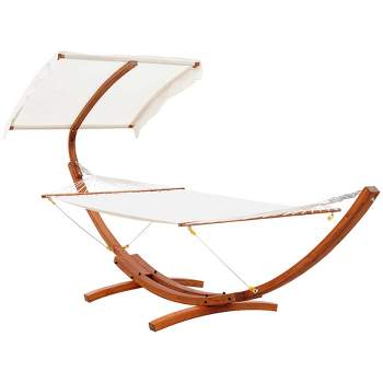 Outsunny Outdoor Hammock with Stand & Accessories, Heavy Duty Wooden Frame, Sun Shade Visor Canopy, Indoor Outside Boho Style Nap Bed, Cotton, White