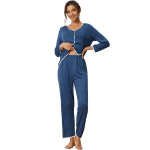 cheibear Women's Long Sleeve Pullover Top with Pants Sleepwear Pajama Sets - 1 of 4